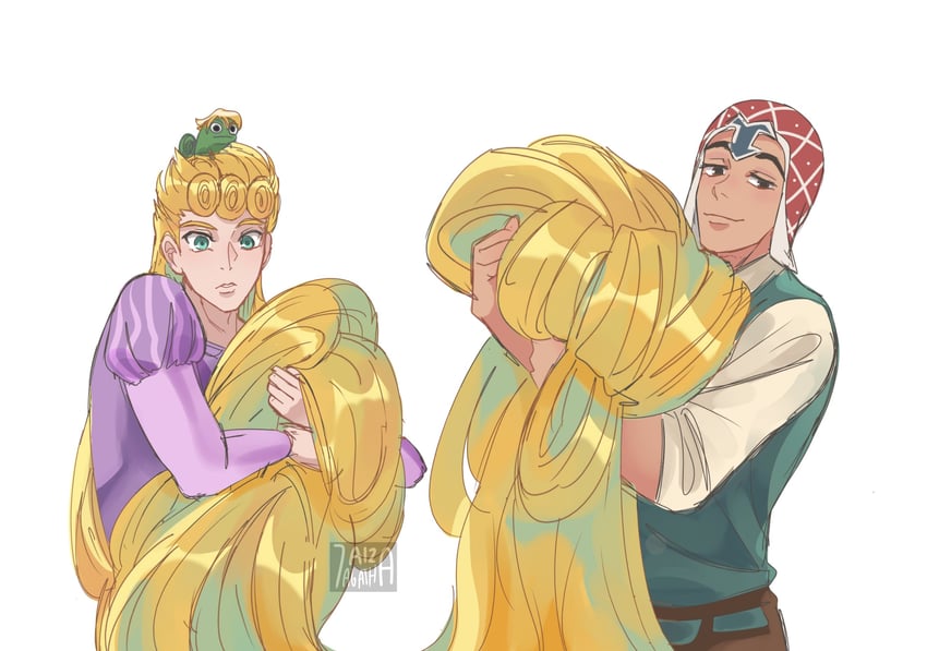 giorno giovanna, guido mista, pannacotta fugo, rapunzel, flynn rider, and 1 more (jojo no kimyou na bouken and 2 more) drawn by 7aizagatha