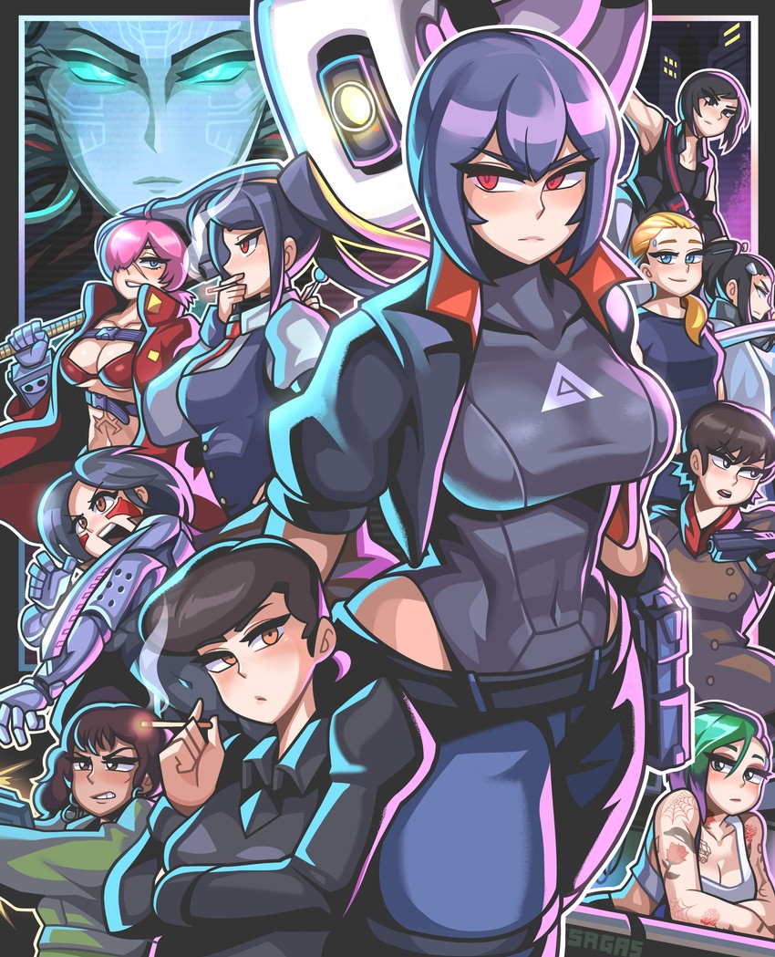kusanagi motoko, jill stingray, glados, judy alvarez, faith connors, and 8 more (cyberpunk and 16 more) drawn by sagas293