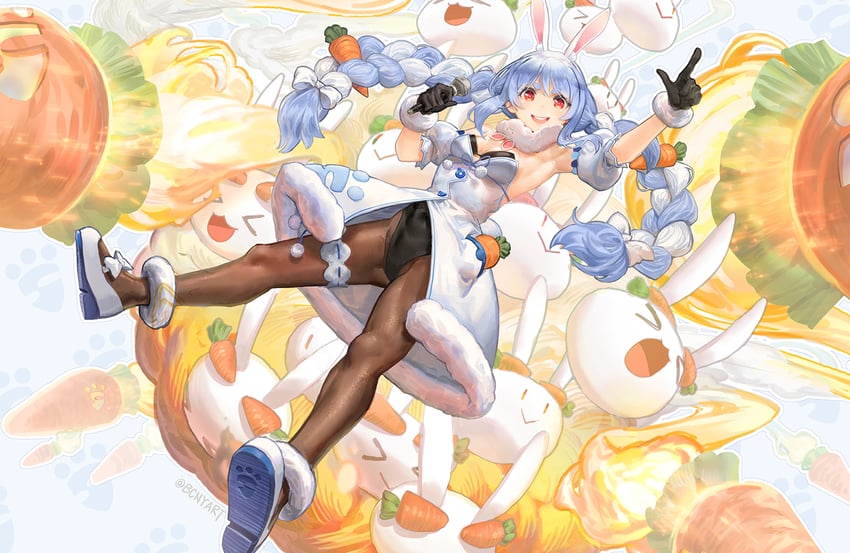 usada pekora, don-chan, and pekomon (hololive) drawn by b.c.n.y.