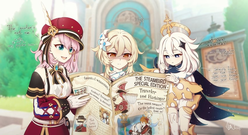 lumine, paimon, tartaglia, and charlotte (genshin impact) drawn by shailo