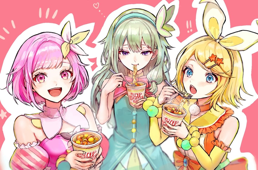 kagamine rin, ootori emu, kusanagi nene, and wonderlands x showtime rin (vocaloid and 1 more) drawn by pipi_(pipinavigation)
