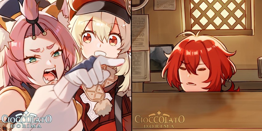 klee, diluc, and diona (genshin impact) drawn by cioccolatodorima