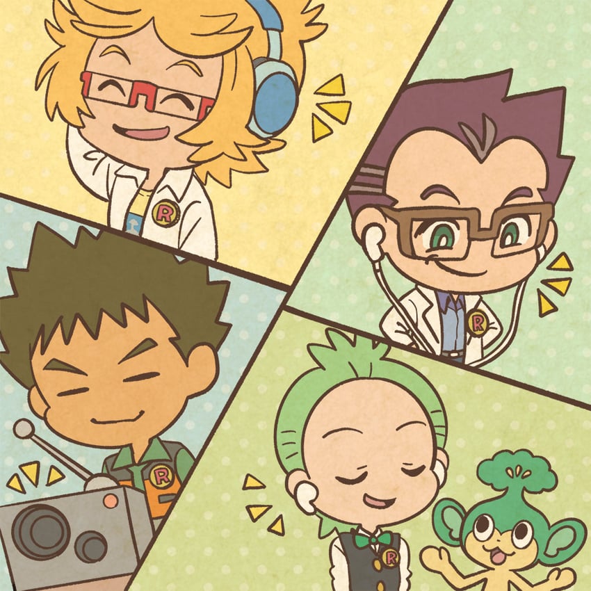 brock, cilan, pansage, professor cerise, and ren (pokemon and 1 more) drawn by mojacookie