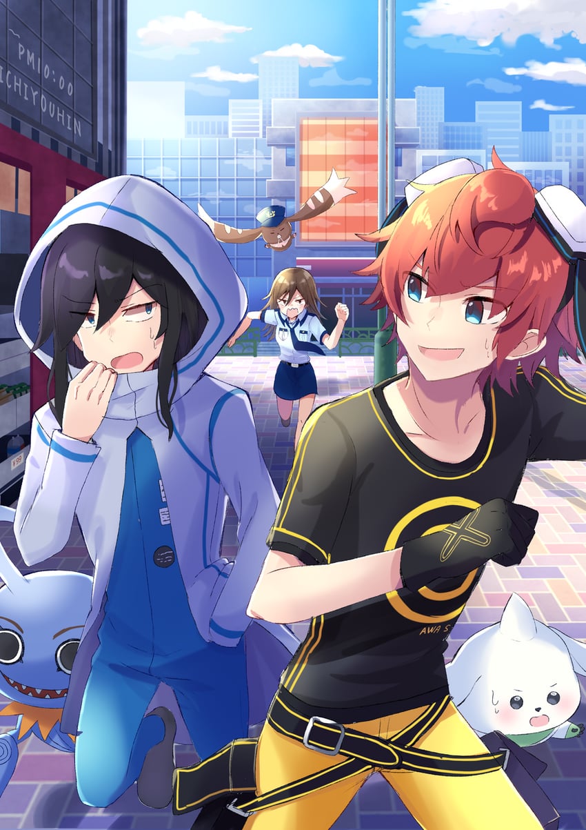 terriermon, lopmon, keramon, aiba takumi, sanada arata, and 1 more (digimon and 1 more) drawn by mizuki_(lvo0x0ovl)