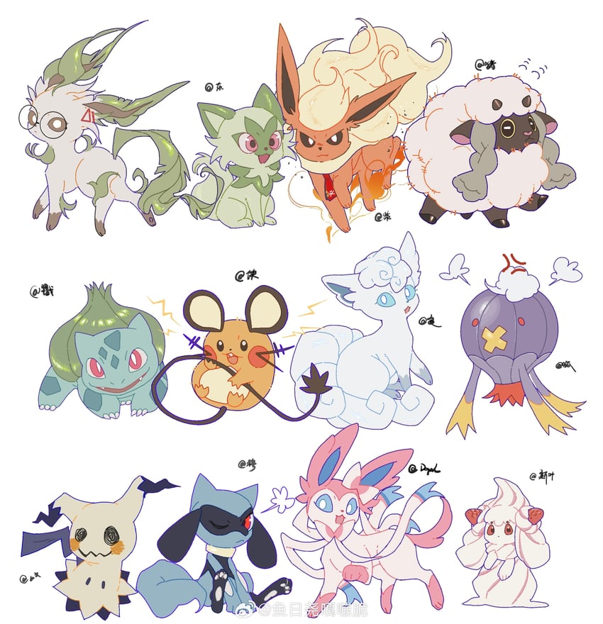 sylveon, bulbasaur, mimikyu, sprigatito, leafeon, and 7 more (pokemon) drawn by shenhai_shenye