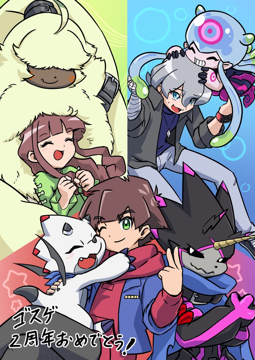 jellymon, gammamon, higashimitarai kiyoshiro, amanokawa hiro, tsukiyono ruli, and 2 more (digimon and 1 more) drawn by sansyonoki64