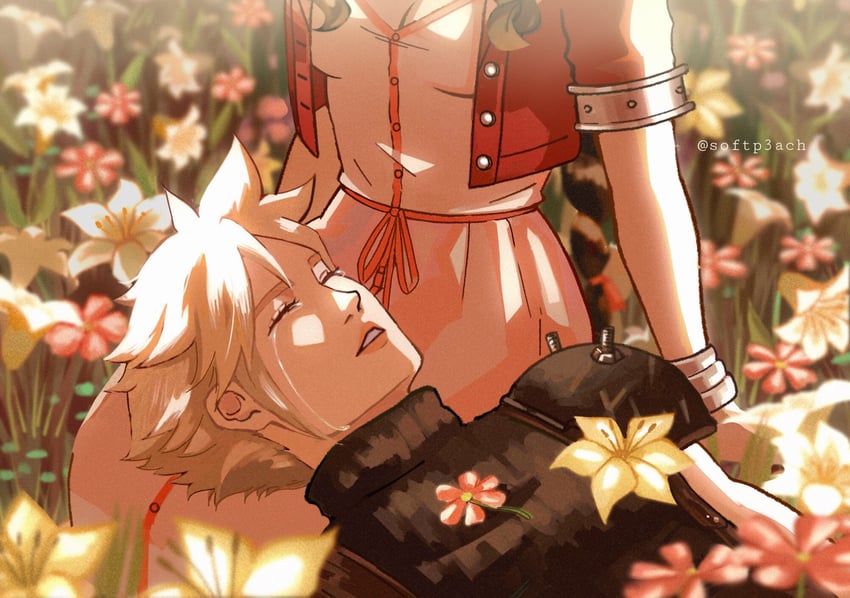 cloud strife and aerith gainsborough (final fantasy and 2 more) drawn by softp3ach