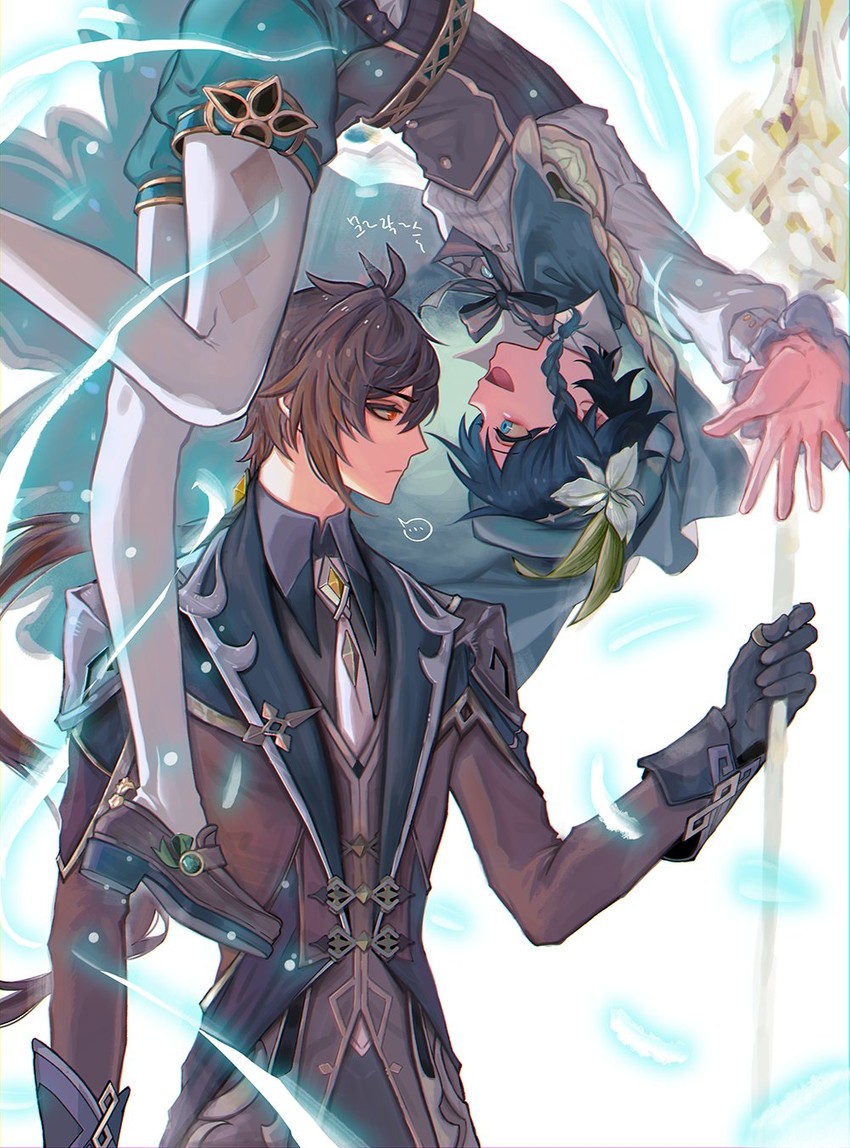 zhongli and venti (genshin impact) drawn by hwan_(mob_hwan)