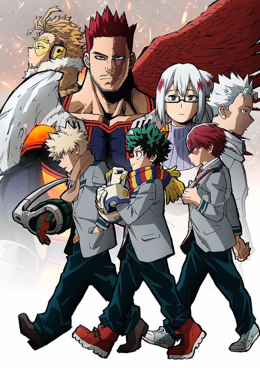 midoriya izuku, bakugou katsuki, todoroki shoto, endeavor, hawks, and 2 more (boku no hero academia) drawn by umakoshi_yoshihiko
