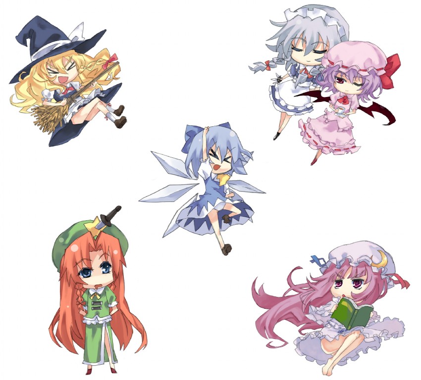 kirisame marisa, remilia scarlet, izayoi sakuya, cirno, patchouli knowledge, and 1 more (touhou) drawn by regu_(reg95)