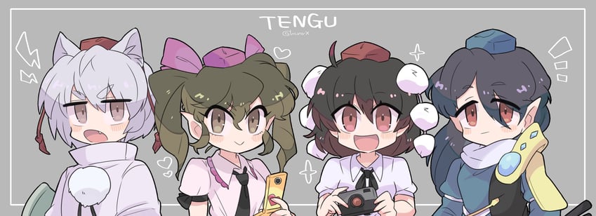 shameimaru aya, inubashiri momiji, himekaidou hatate, and iizunamaru megumu (touhou) drawn by harunori_(hrnrx)