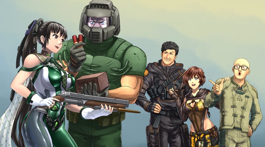 eve, doomguy, lily artemis ii, adam, and intern (doom and 2 more) drawn by substance20