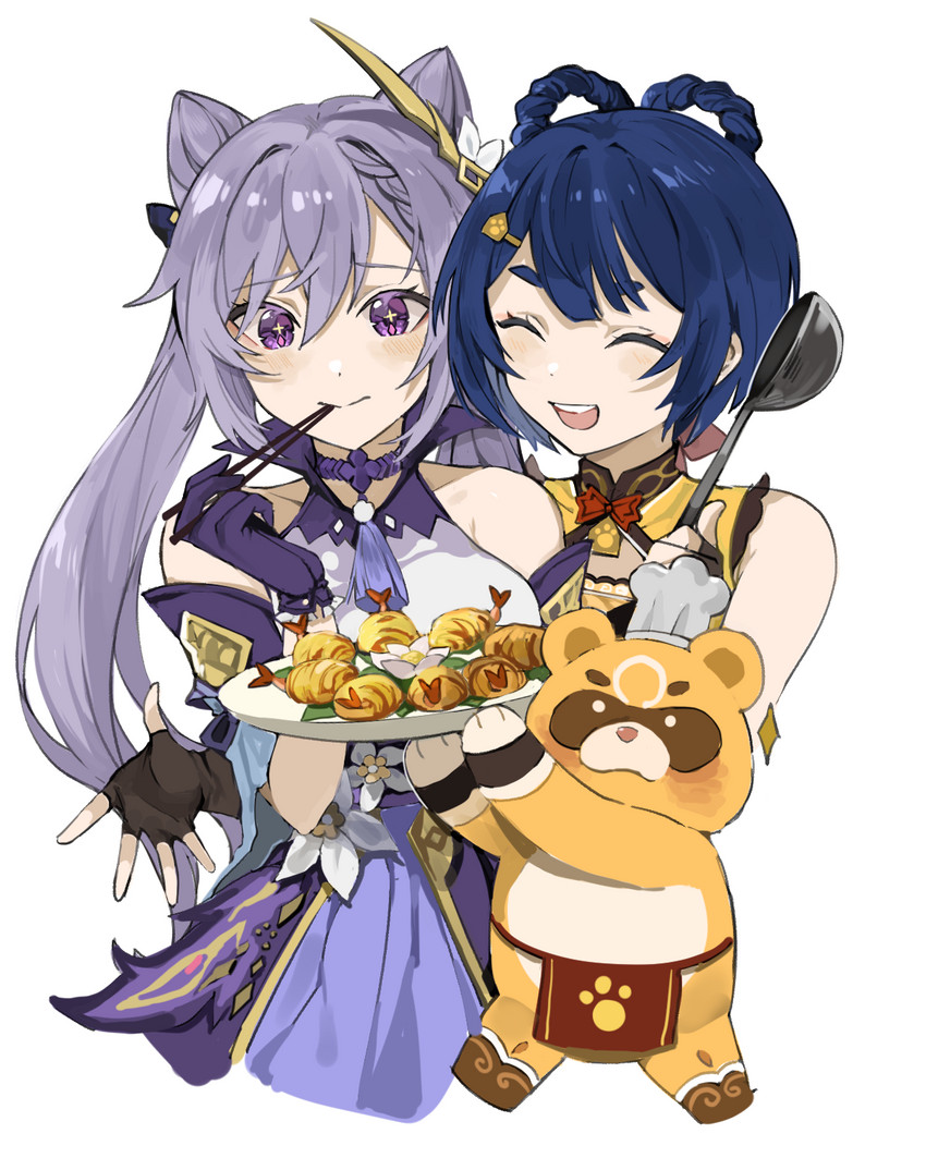 keqing, xiangling, and guoba (genshin impact) drawn by gyoju_(only_arme_nim)
