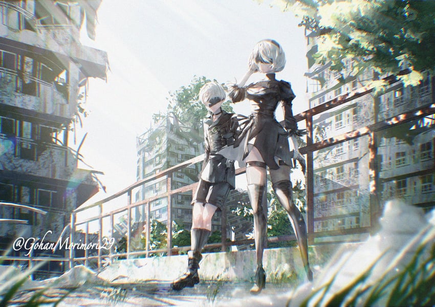 2b and 9s (nier and 1 more) drawn by shikan