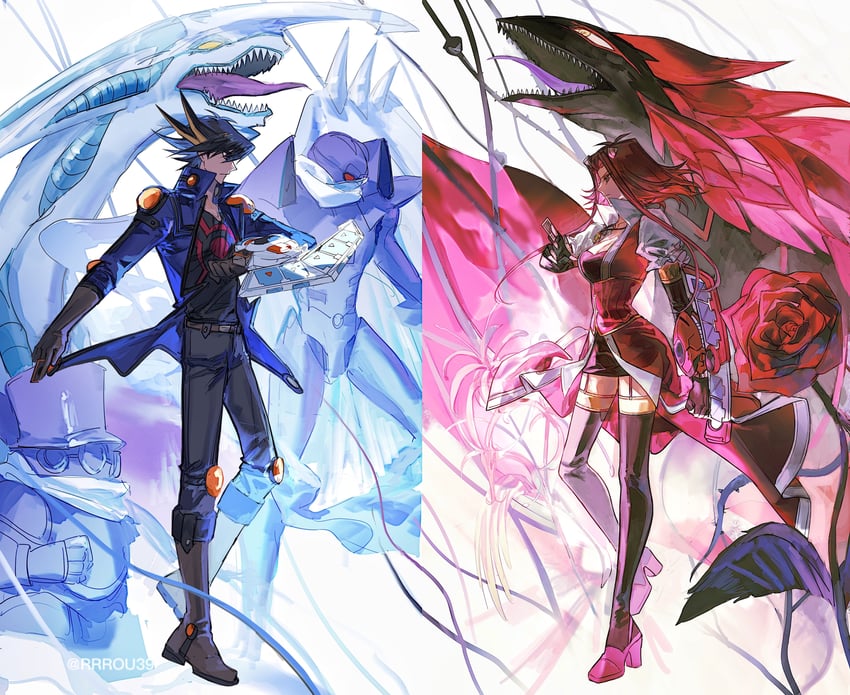 fudo yusei, izayoi aki, stardust dragon, black rose dragon, junk warrior, and 1 more (yu-gi-oh! and 1 more) drawn by naoki_(2rzmcaizerails6)