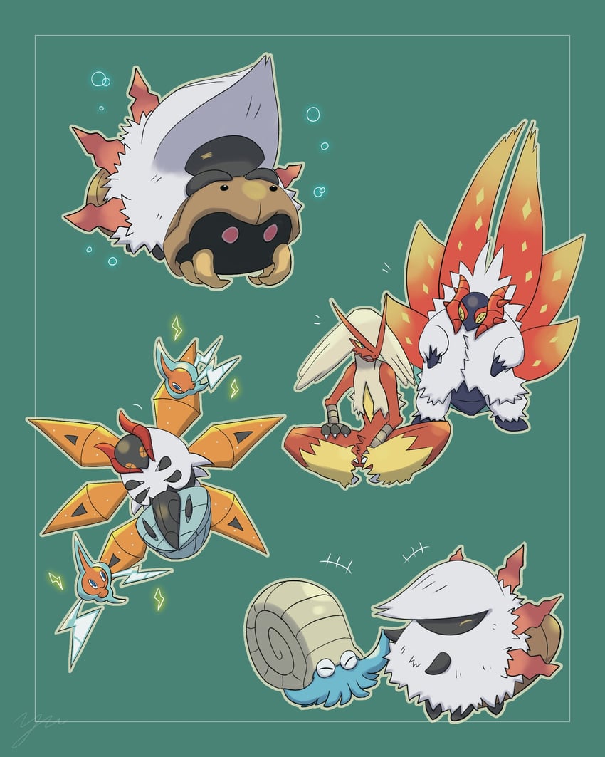 rotom, blaziken, omanyte, larvesta, slither wing, and 2 more (pokemon) drawn by yu_(pocketsun636)