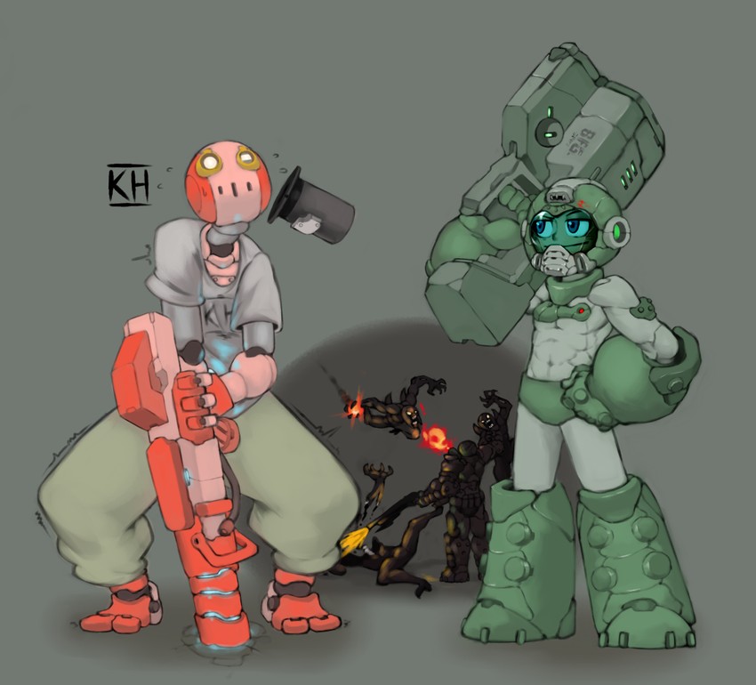 mega man, doomguy, and imp (original and 3 more) drawn by kelvin_hiu