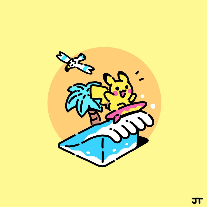 pikachu, wingull, and surfing pikachu (pokemon) drawn by james_turner