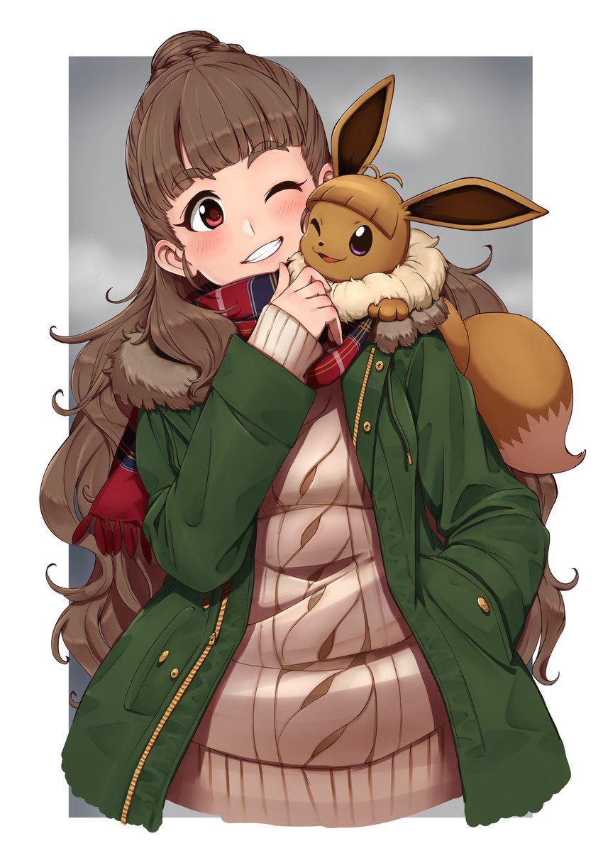 eevee and kamiya nao (pokemon and 3 more) drawn by kent0320