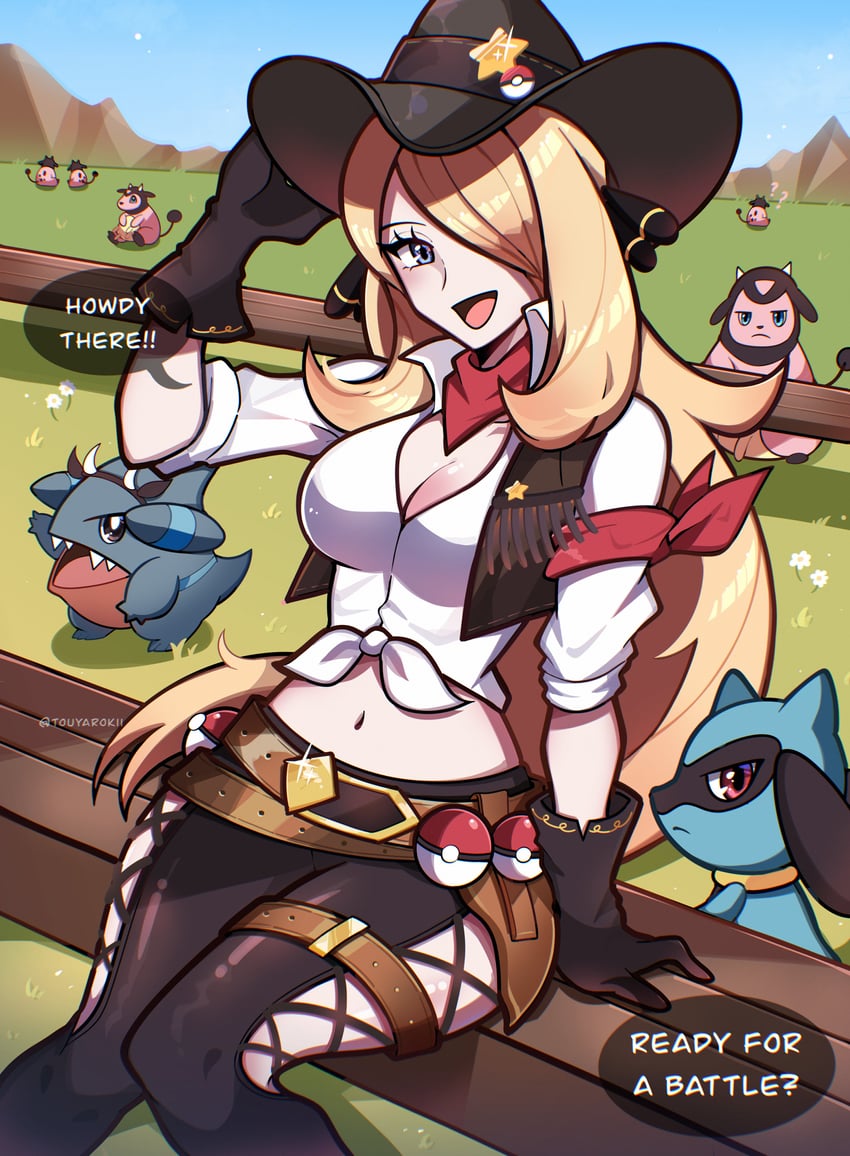 cynthia, riolu, gible, and miltank (pokemon and 1 more) drawn by touyarokii