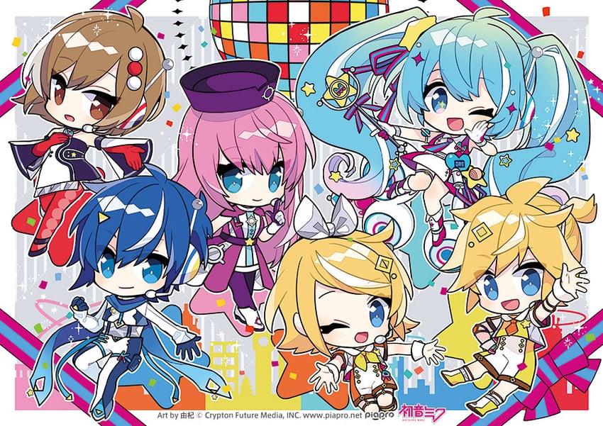 hatsune miku, kagamine rin, kagamine len, megurine luka, kaito, and 7 more (vocaloid and 1 more) drawn by yoshiki
