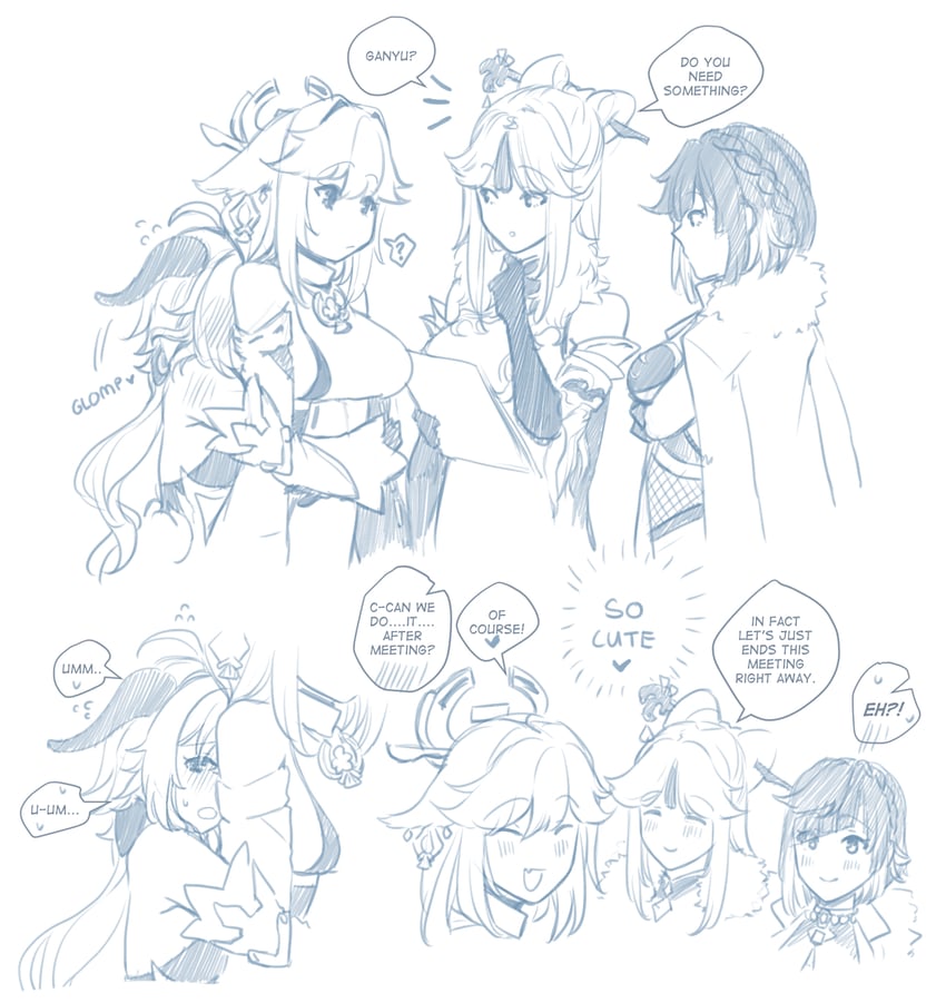 ganyu, yae miko, yelan, and ningguang (genshin impact) drawn by hinagi_(fox_priest)