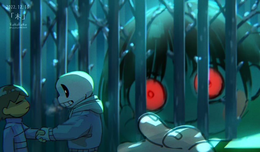 frisk, chara, and sans (undertale) drawn by noah_(rokoroko)