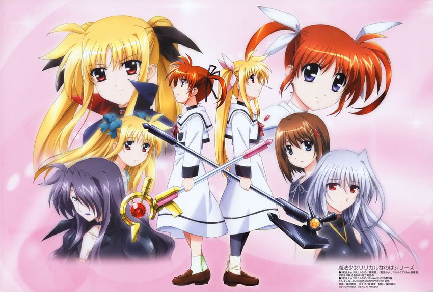 fate testarossa, takamachi nanoha, yagami hayate, raising heart, reinforce, and 3 more (lyrical nanoha and 3 more) drawn by okuda_yasuhiro