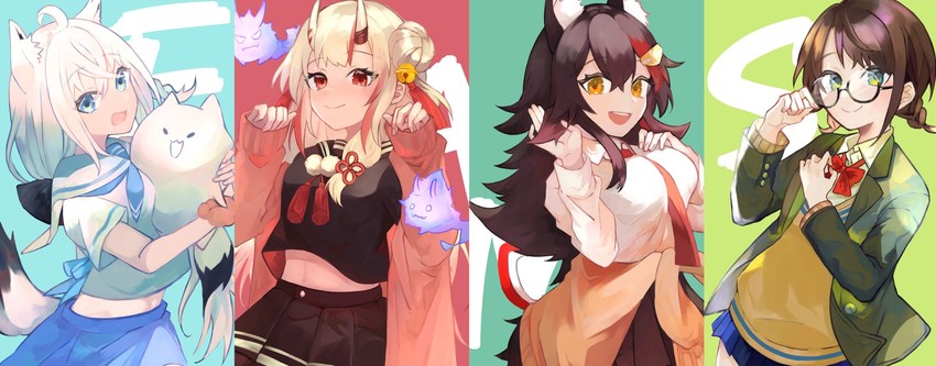 shirakami fubuki, ookami mio, oozora subaru, nakiri ayame, and fubuzilla (hololive) drawn by shaberu_hijiki