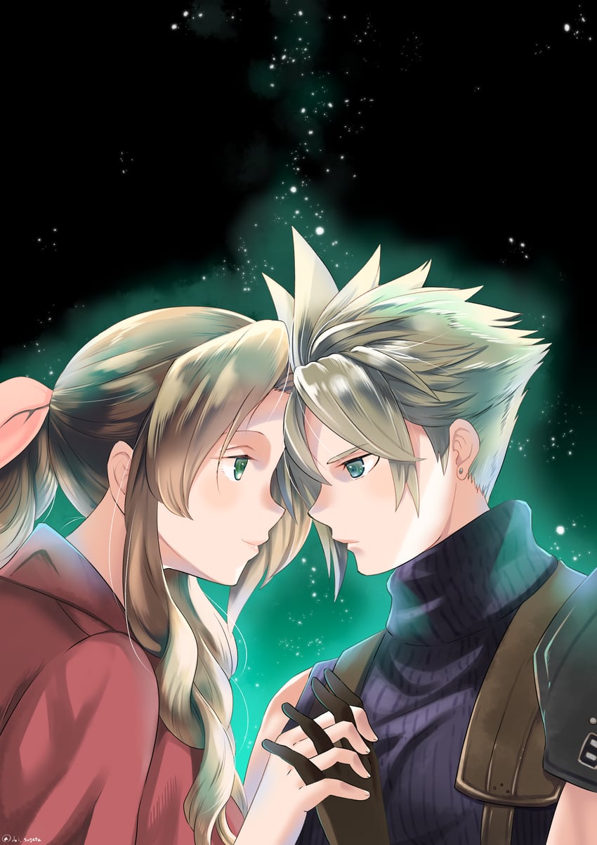 cloud strife and aerith gainsborough (final fantasy and 2 more) drawn by sugata_ubo