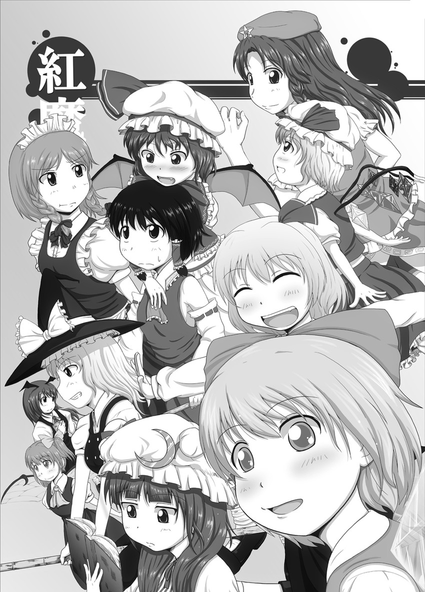 hakurei reimu, kirisame marisa, remilia scarlet, flandre scarlet, izayoi sakuya, and 6 more (touhou and 1 more) drawn by mimofu_(fullhighkick)