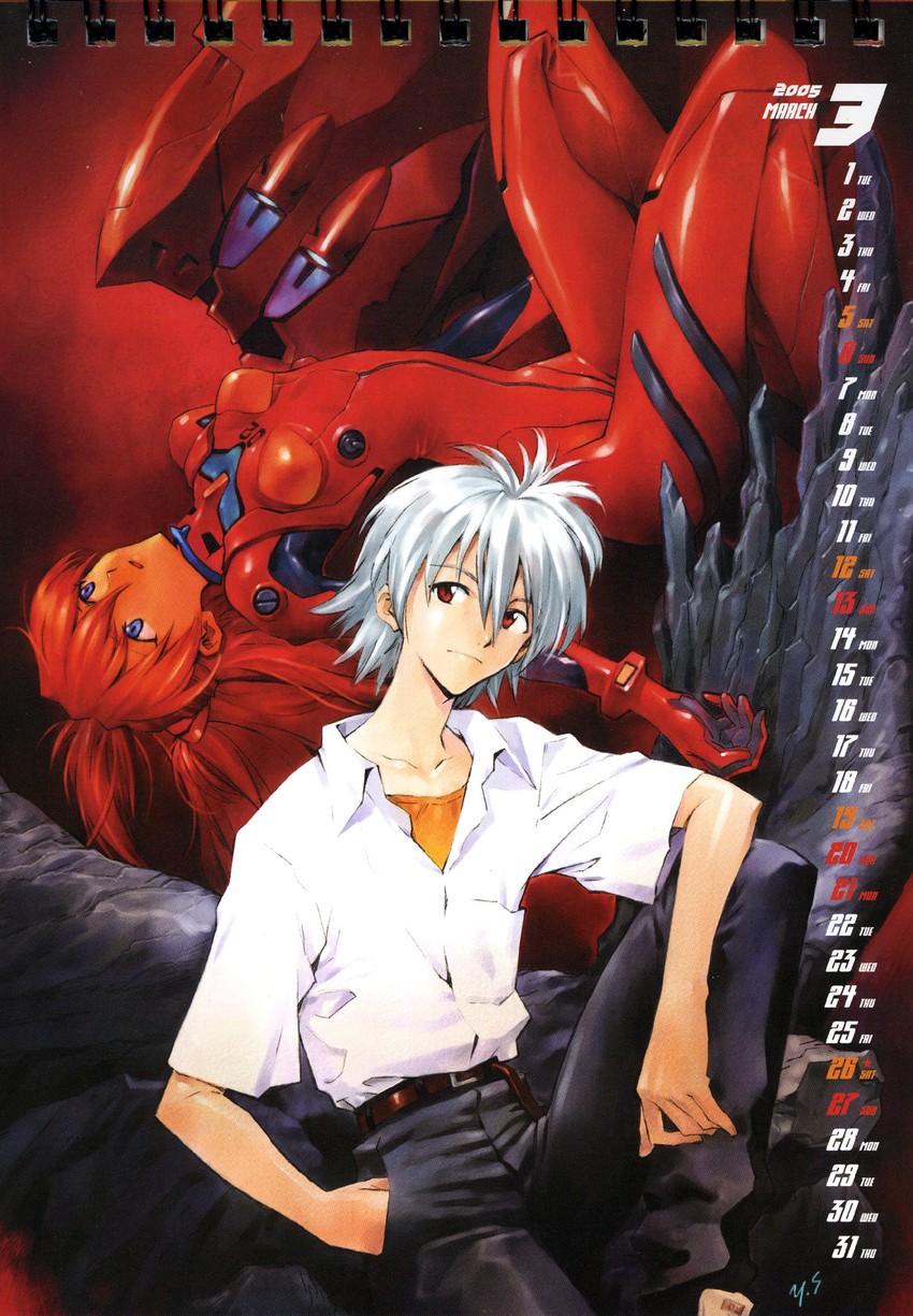 souryuu asuka langley, nagisa kaworu, and eva 02 (neon genesis evangelion) drawn by sadamoto_yoshiyuki