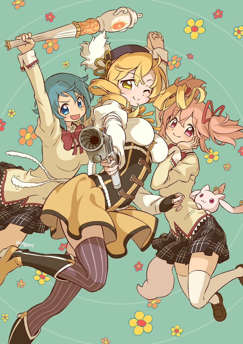 kaname madoka, miki sayaka, tomoe mami, and kyubey (mahou shoujo madoka magica) drawn by poigori