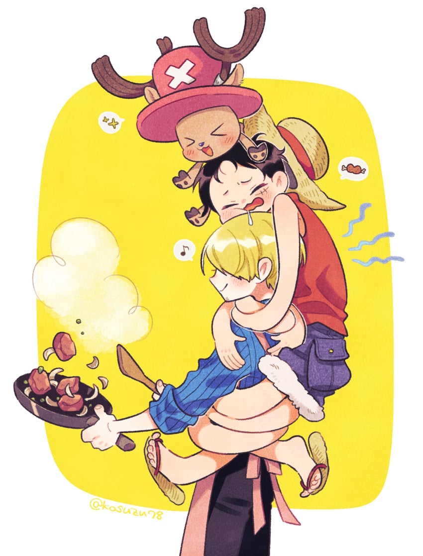 monkey d. luffy, sanji, and tony tony chopper (one piece) drawn by mitsubachi_koucha