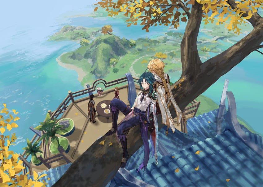 aether, zhongli, paimon, xiao, and verr goldet (genshin impact) drawn by ise3077