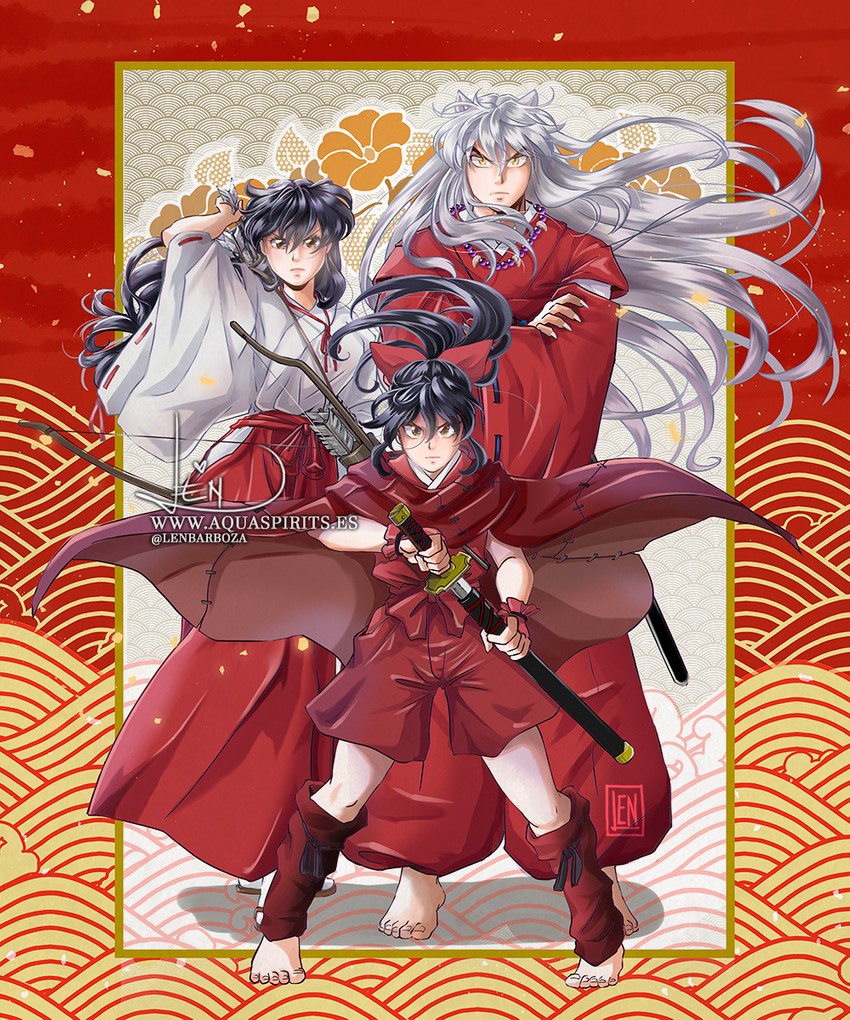 inuyasha, higurashi kagome, and moroha (inuyasha and 1 more) drawn by lennys
