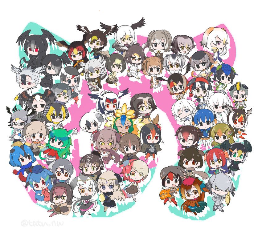 shoebill, northern white-faced owl, eurasian eagle owl, bald eagle, atlantic puffin, and 47 more (kemono friends) drawn by tatsuno_newo