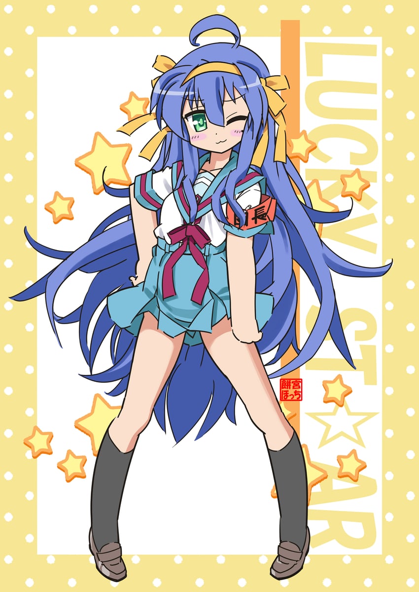 suzumiya haruhi, izumi konata, hirano aya, wendee lee, and hazel hernan (suzumiya haruhi no yuuutsu and 1 more) drawn by mochimiya_hocchi