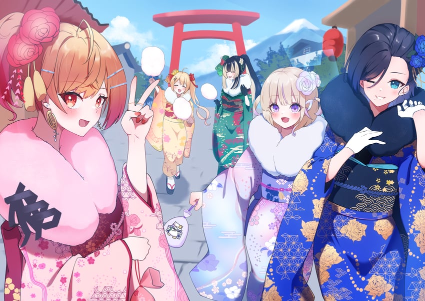 ichijou ririka, juufuutei raden, otonose kanade, hiodoshi ao, and todoroki hajime (hololive and 1 more) drawn by poruporupriiin