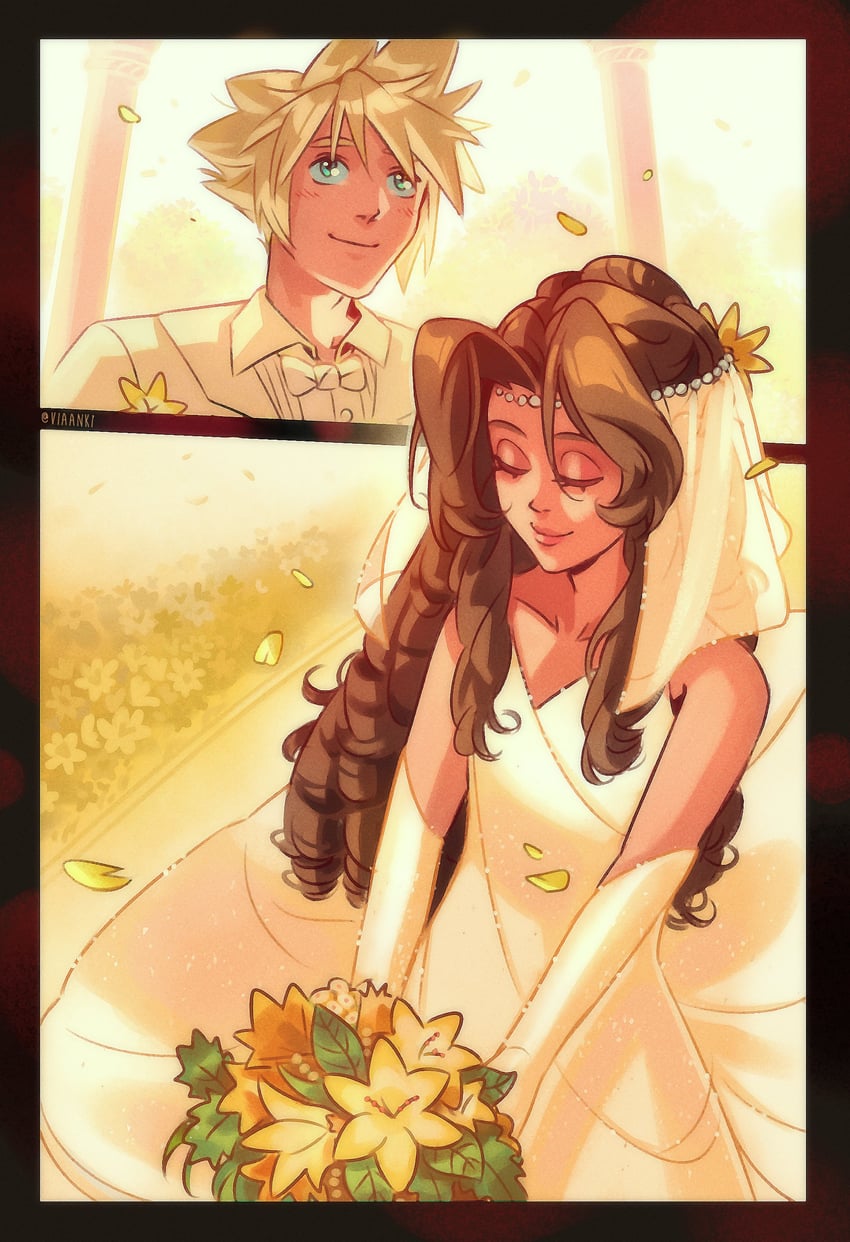 cloud strife and aerith gainsborough (final fantasy and 1 more) drawn by emi-bianchi