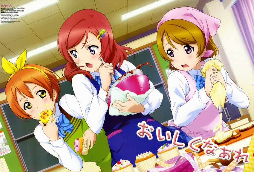 nishikino maki, hoshizora rin, and koizumi hanayo (love live! and 2 more) drawn by watanabe_yukihiro, yamakawa_akiko, yokoyama_sayoko, and yoshida_minami