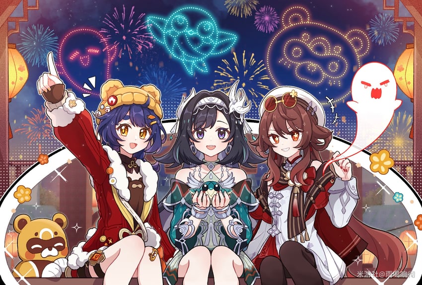 xiangling, guoba, hu tao, and lan yan (genshin impact) drawn by ameoto_00