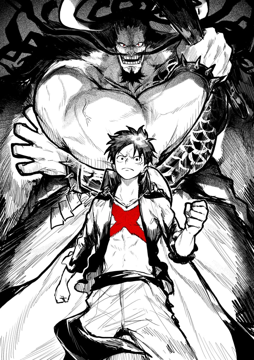 monkey d. luffy and kaidou (one piece) drawn by yotsumi_shiro
