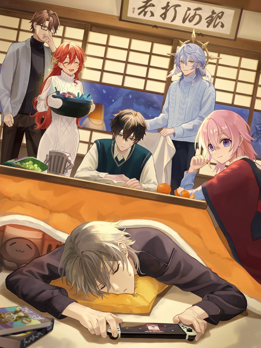 trailblazer, march 7th, caelus, dan heng, sunday, and 3 more (honkai and 1 more) drawn by kumajyayo