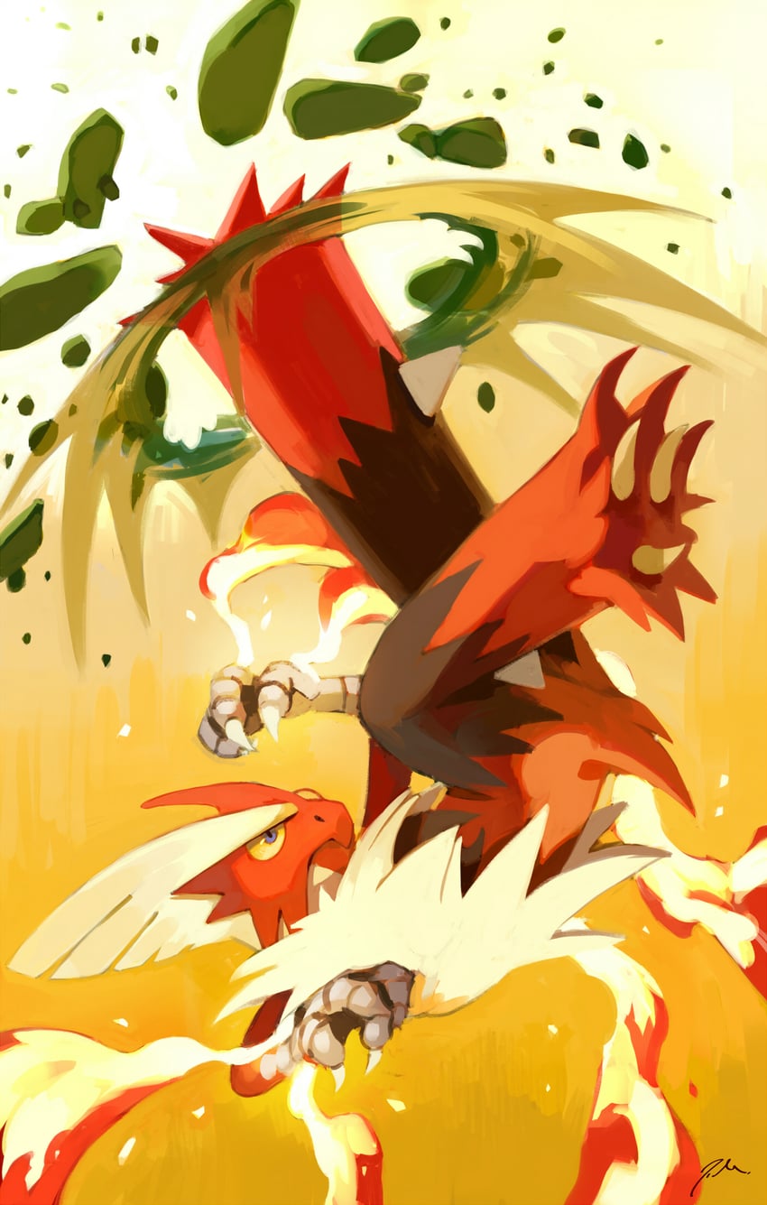blaziken and mega blaziken (pokemon) drawn by bluekomadori