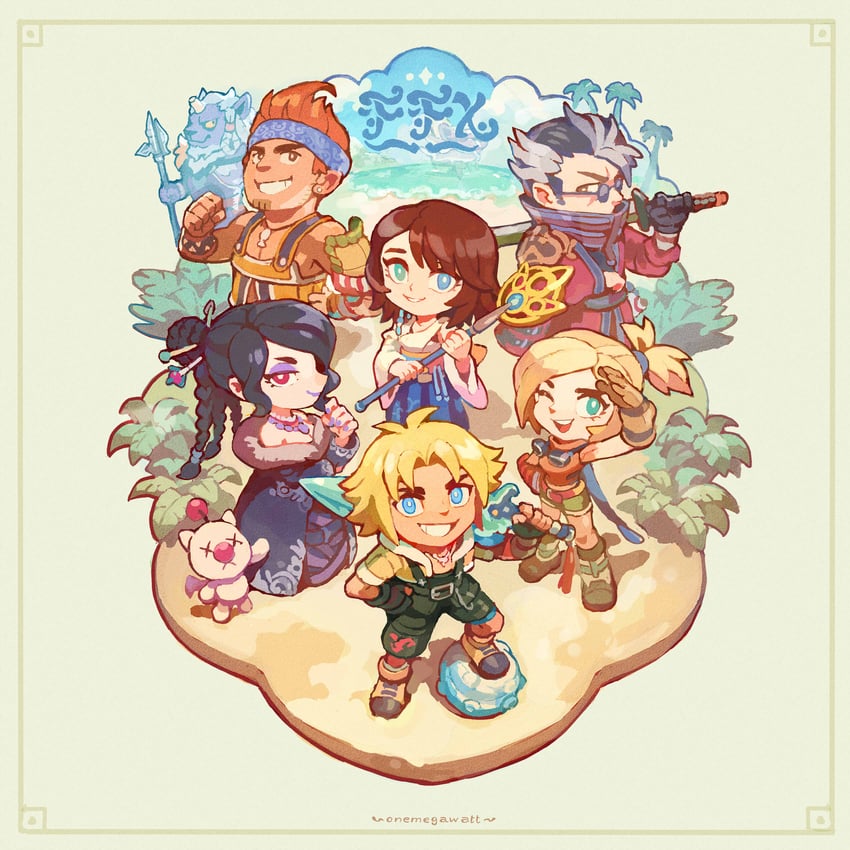 moogle, yuna, tidus, rikku, lulu, and 3 more (final fantasy and 1 more) drawn by onemegawatt