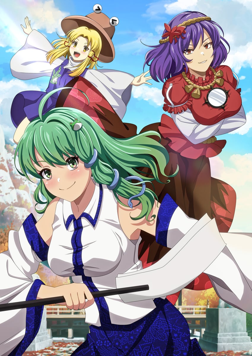 kochiya sanae, moriya suwako, and yasaka kanako (touhou and 1 more) drawn by murasaki_tsutsuji