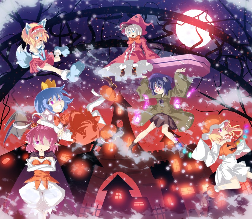 remilia scarlet, flandre scarlet, konpaku youmu, alice margatroid, ibaraki kasen, and 1 more (touhou) drawn by meracle