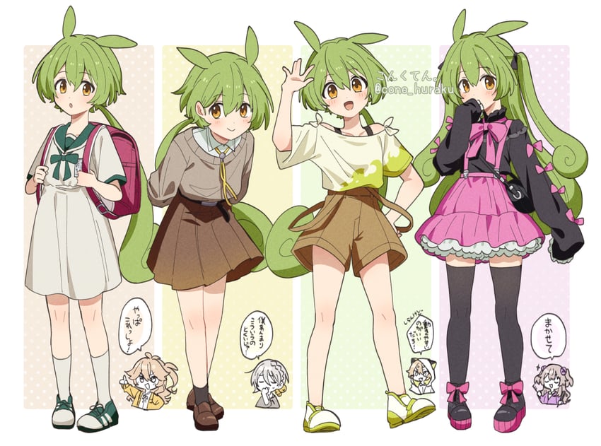 zundamon, kasukabe tsumugi, iori yuzuru, meimei himari, and shirakami kotarou (indie virtual youtuber and 2 more) drawn by corn_kuten