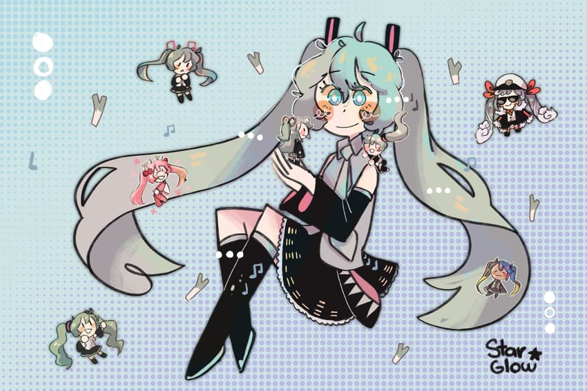 hatsune miku, yuki miku, and sakura miku (vocaloid and 1 more) drawn by starglow